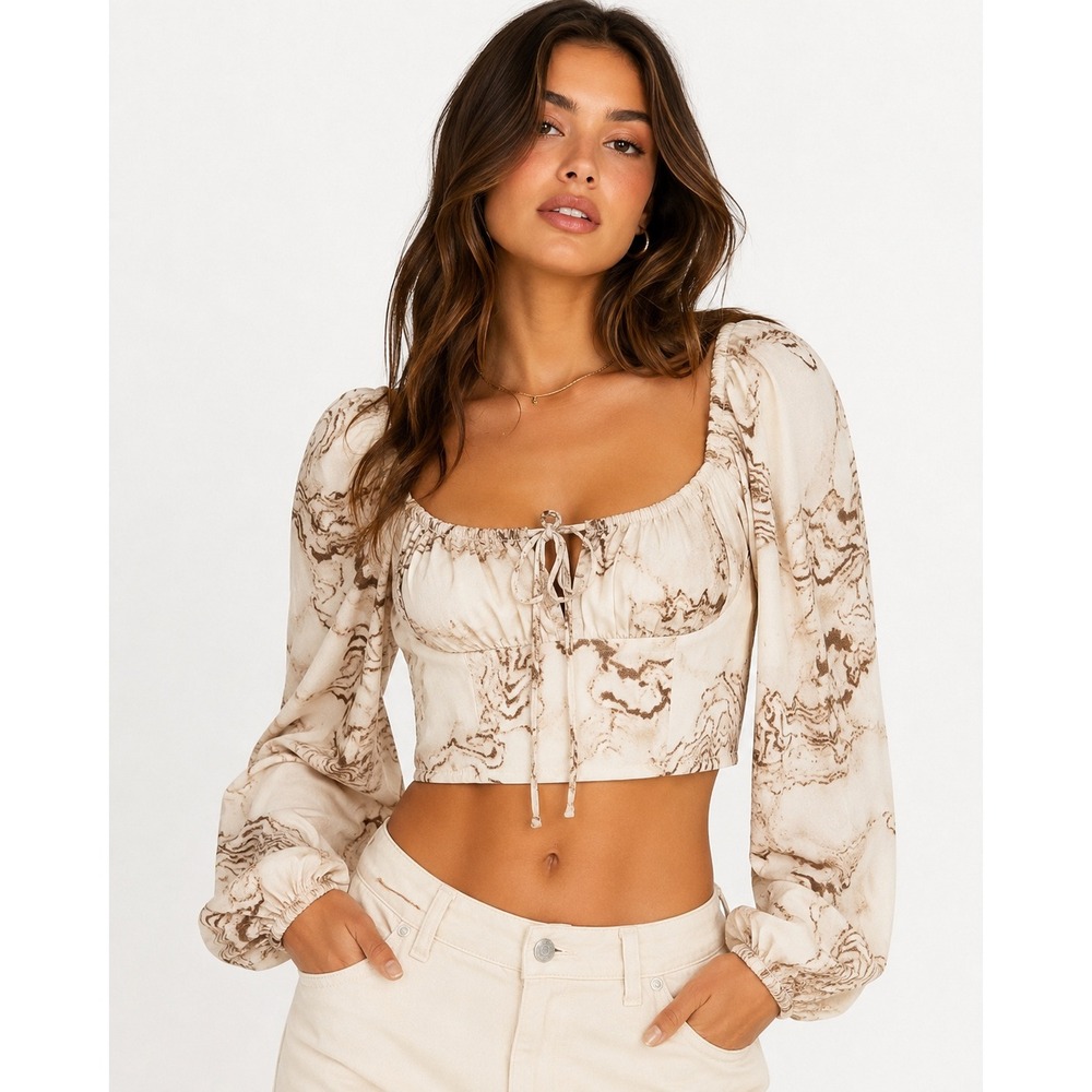 Kittenish Marble Print Puffβ Sleeve Crop Top Coquette Balletcore Fairy Grunge S